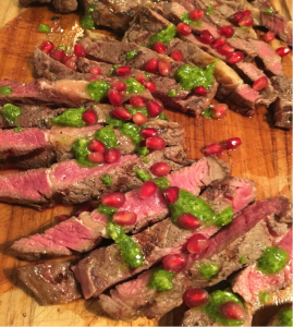 Beef with Pesto and Pomegranate Seeds